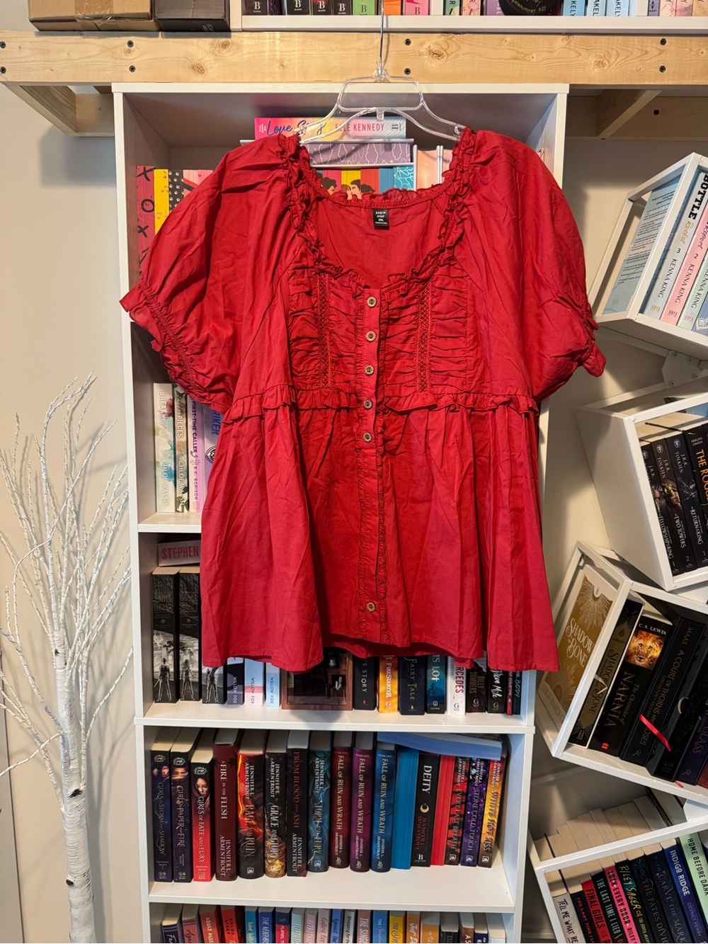 Red Ruffle Button-Front Peasant Blouse